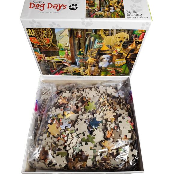 Buffalo 750 Piece‎ Jigsaw Puzzle Dog Days Puppy Workshed 24" x 18" Pre-owned - Picture 2 of 6